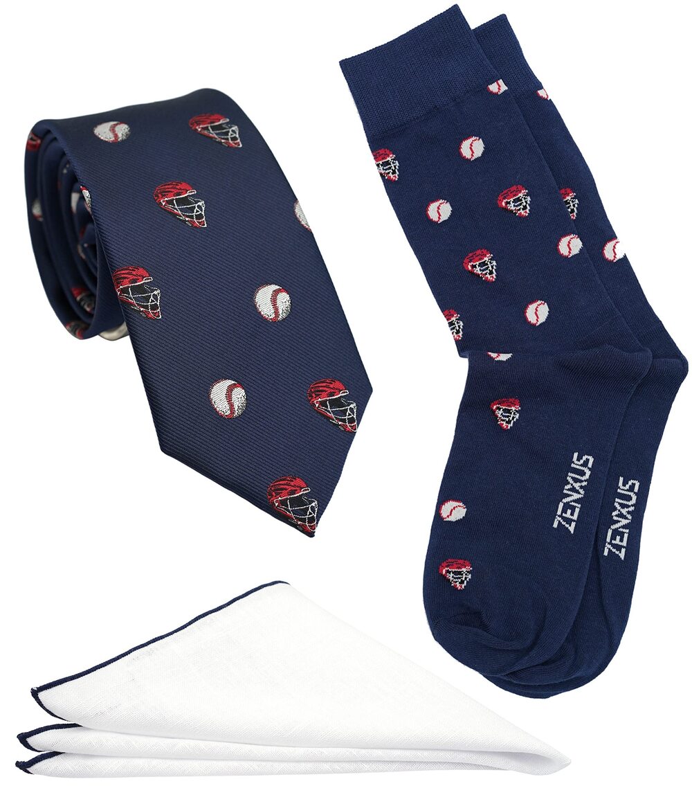 6735 Baseball Tie Set , Pocke Square, Socks, Sports and Games Jacquard